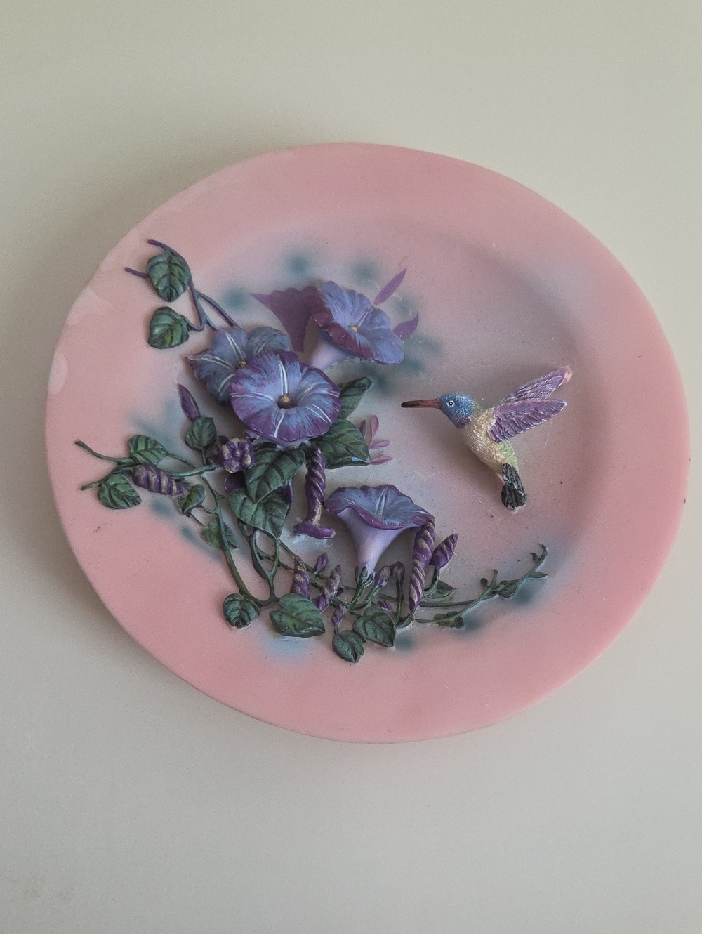 Vintage Pink Plate with Purple Morning Glories and Hummingbird
